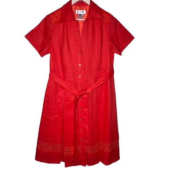 Lino USA Red Linen V-Neck Button Down Short Sleeve Belted Midi Shirt Dress Sz S - Picture 16 of 16